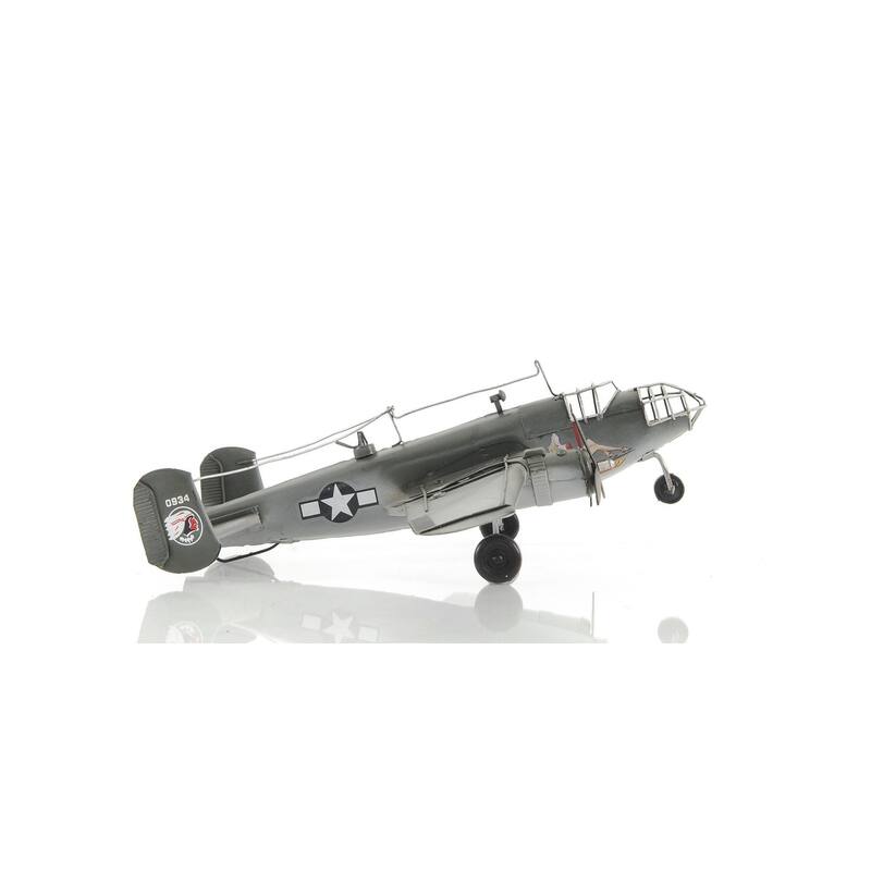 HomeRoots 4" Gray and White Metal c1941 North American B-25 Mitchell Bomber Hand Painted Airplane Sculpture - 16.5' X '4' X '12