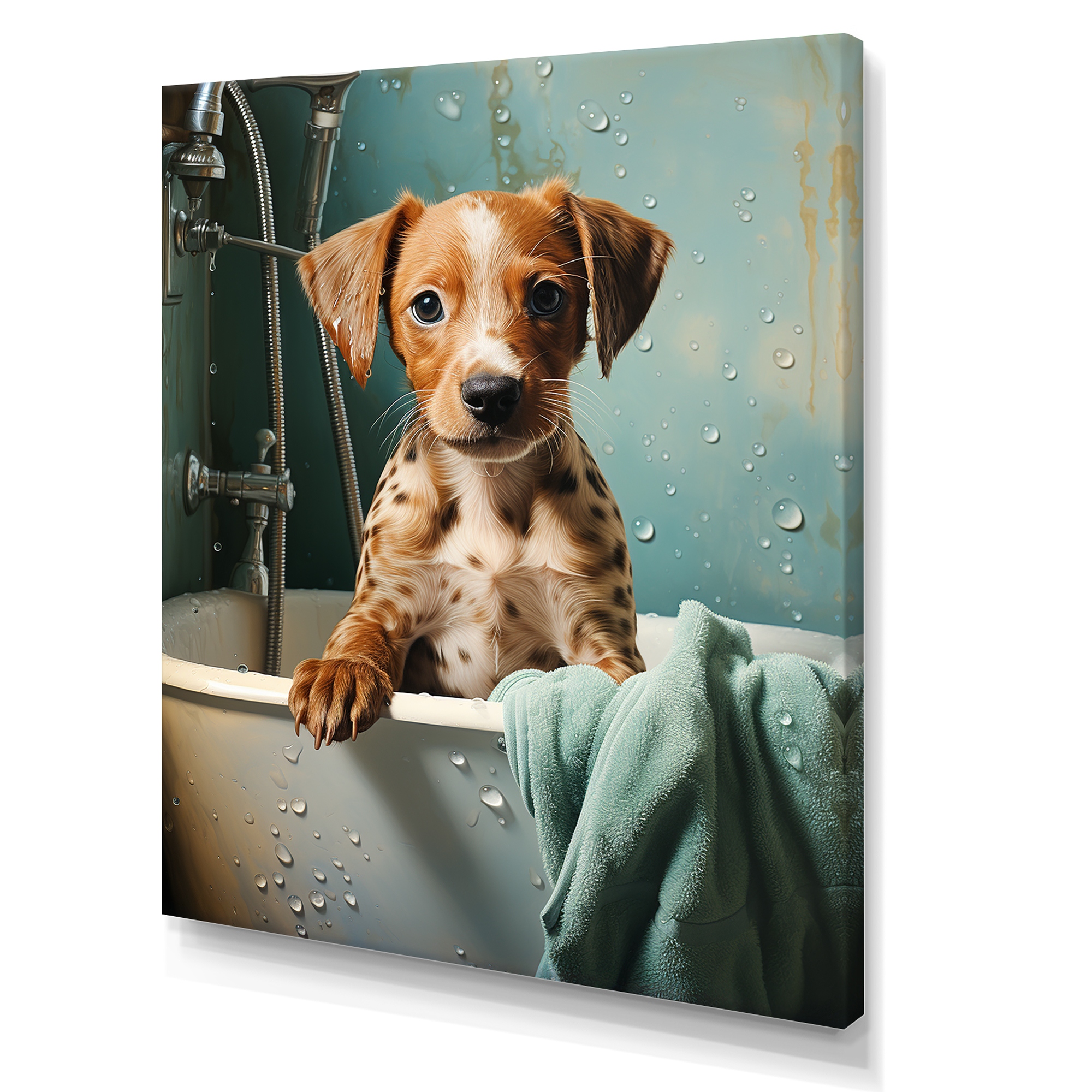 Designart Cute Dog Puppy Bath Time Bathroom Wall Art 16 in. wide x 32 in. high
