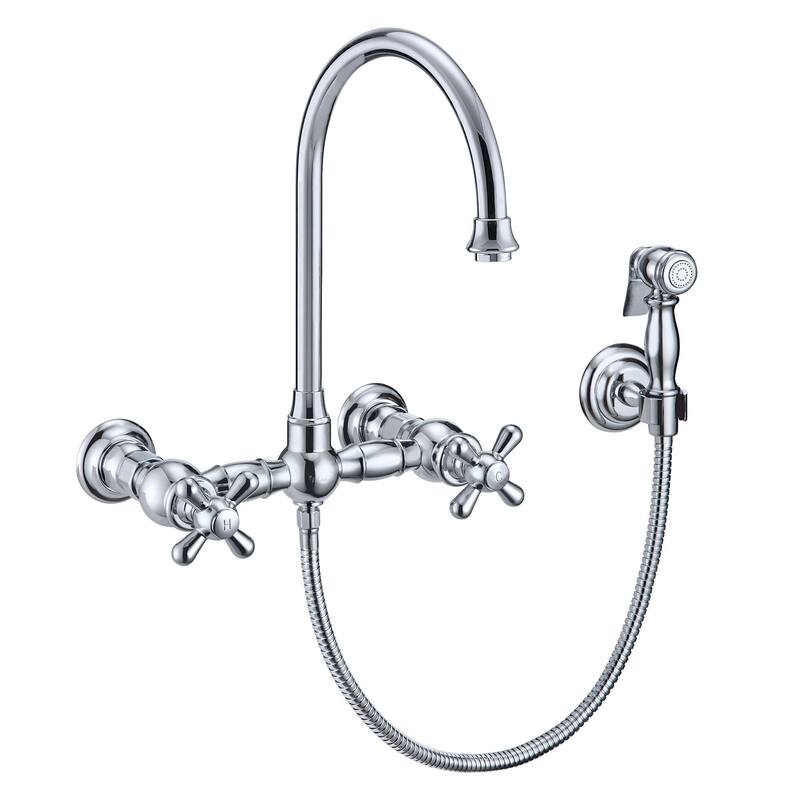 Vintage III Plus Wall Mount Faucet with a Long Gooseneck Swivel Spout, Cross Handles and Solid Brass Side Spray - Polished Nickel