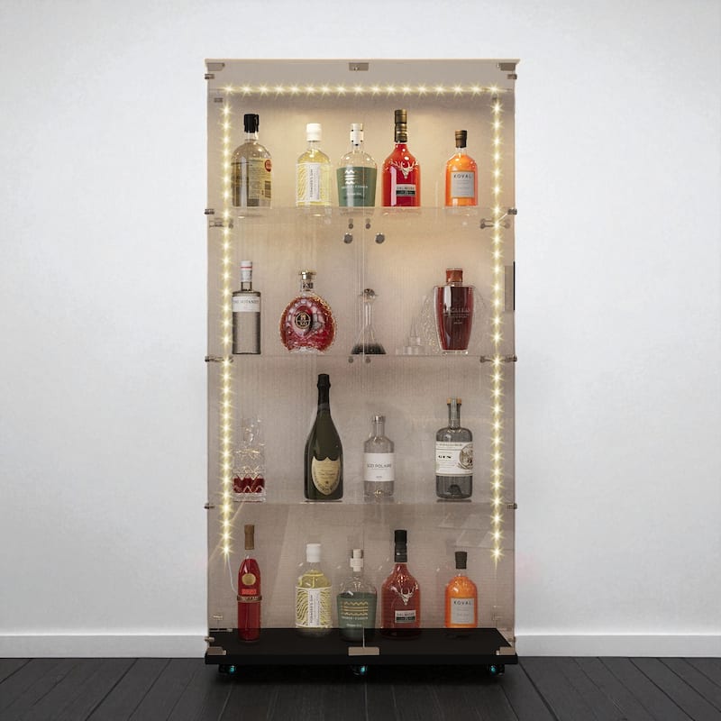 Tempered Glass Display Cabinet with Bluetooth LED Lights, Locking Casters, Wine and Curio Storage Cabinet - Black