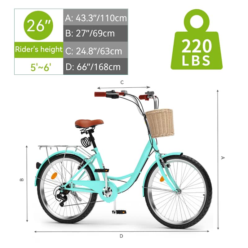 24"/26" 7 Speed Beach Cruiser Bike Adult Womens Bicycle with Adjustable Seat