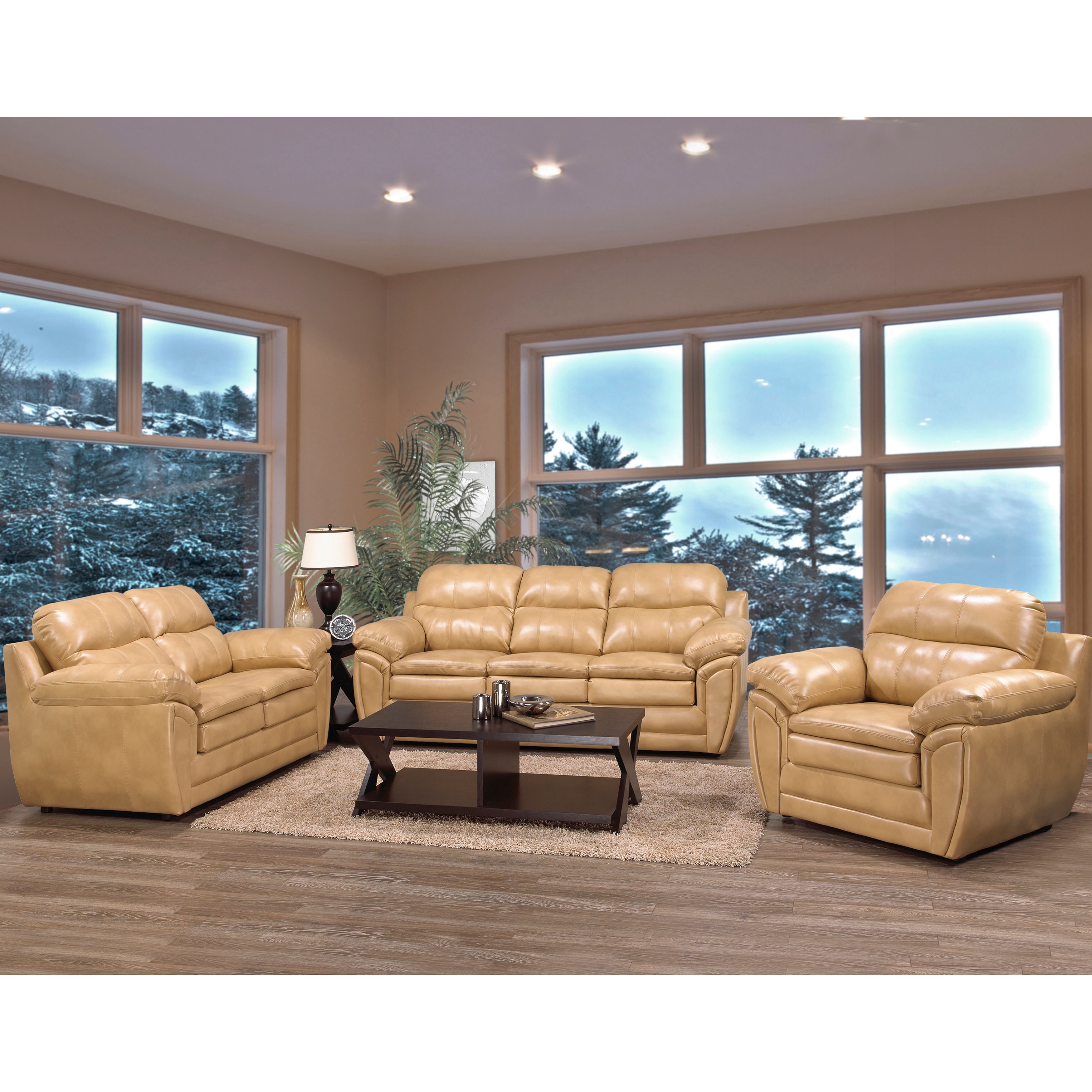 Light brown leather shop sofa and loveseat