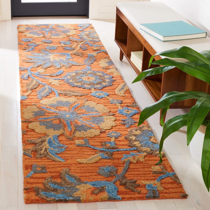 SAFAVIEH Handmade Blossom Agripina Floral Wool Rug - 2'3" x 9' Runner - Rust/Blue