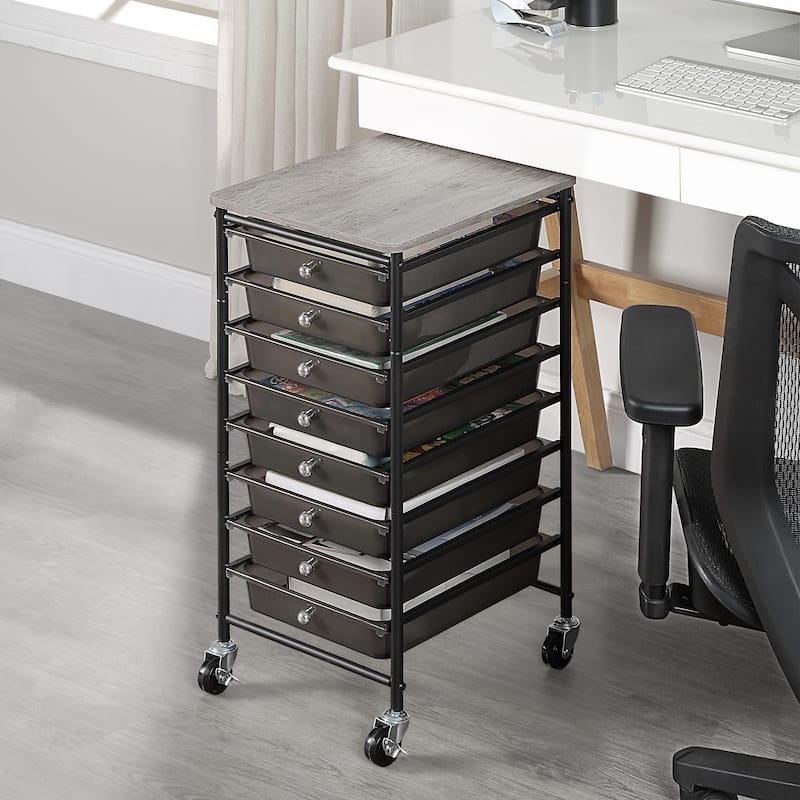SunnyPoint Wooden Top Compact Rolling Storage 8 Drawers Organizer Mobile Utility Cart - Black, Wood