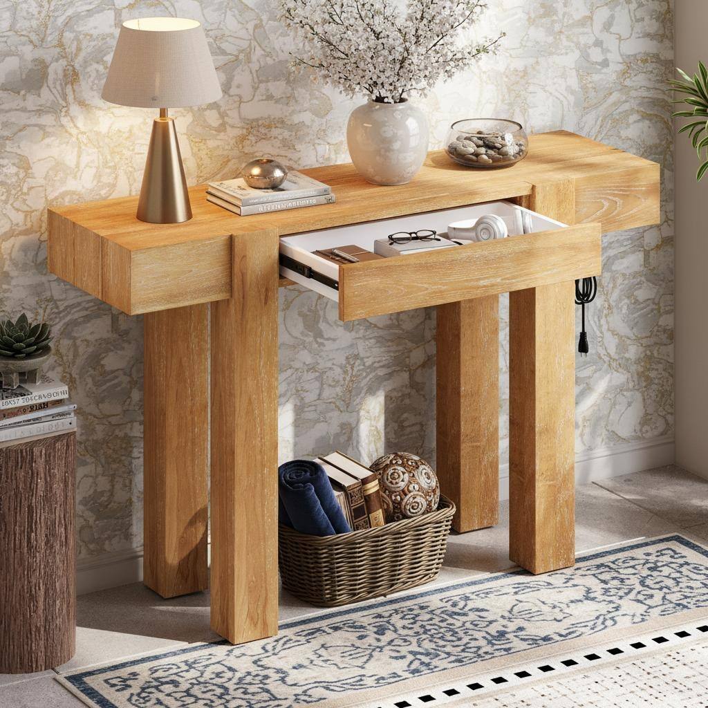 Rustic Minimalist Console Table with Hidden Drawer and Power Hub by Harper&Bright Designs
