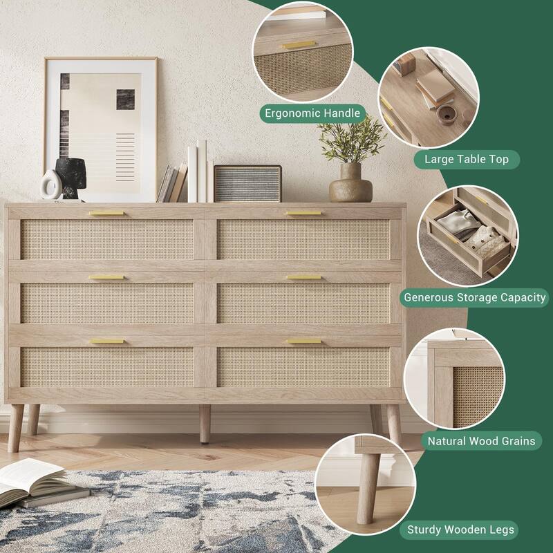 6/8 Drawer Dresser for Bedroom, Natural Rattan Dresser with Metal Handles, Farmhouse Chest of Drawer