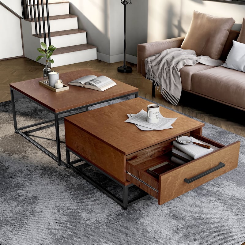 Saxon Rustic Brown Square 2-Piece Solid Wood Coffee Nesting Tables with 1-Drawer by Furniture of America