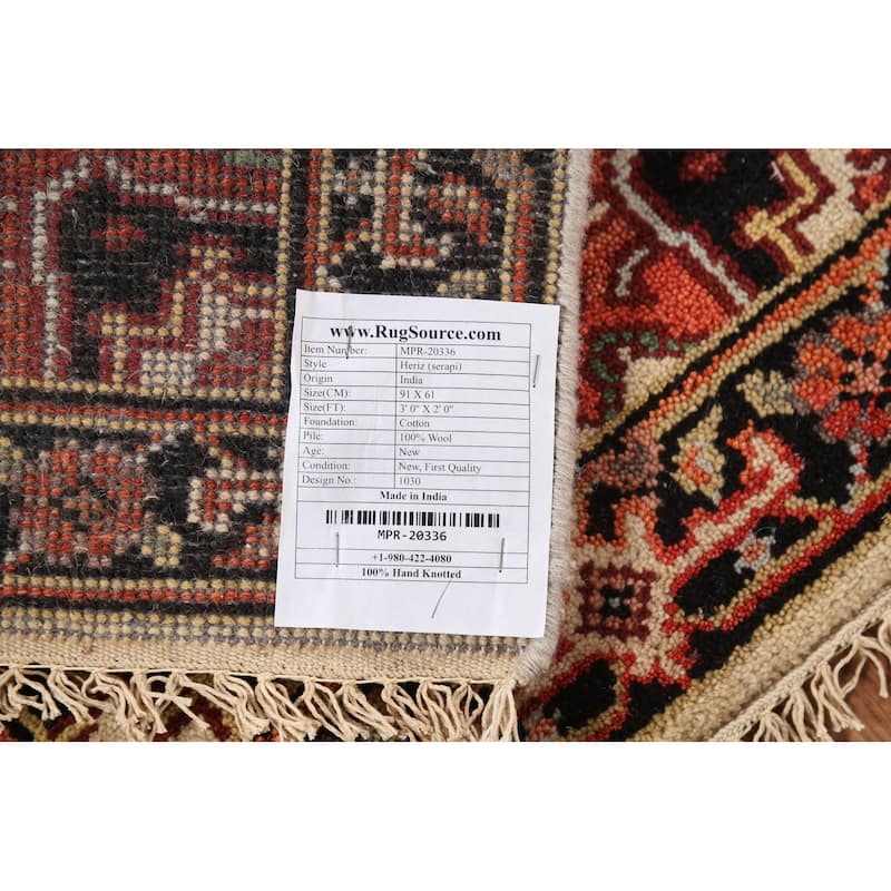 Geometric Heriz Serapi Indian Rug Handmade Beige Foyer Wool Carpet - 2'0"x 3'0"