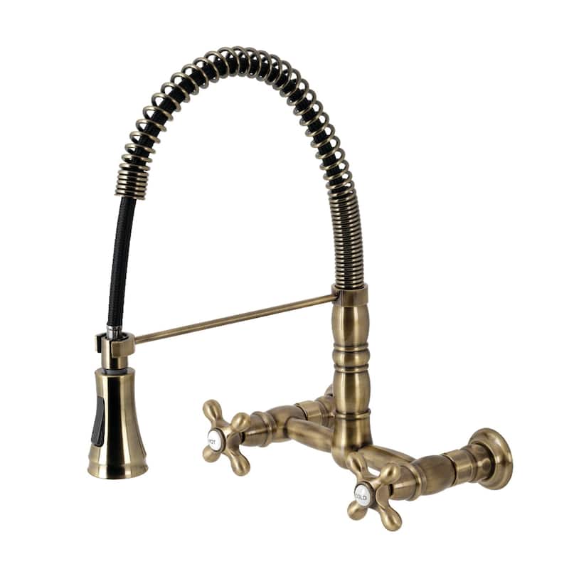 Kingston Brass Heritage Two-Handle Wall-Mount Pull-Down Sprayer Kitchen Faucet - Antique Brass