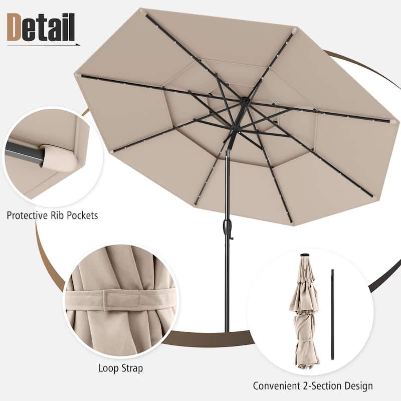 Gymax 10 FT Solar Patio Umbrella w/ 32 LED Lights 3-Tier Vented Top