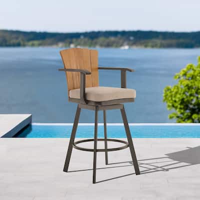 Hazel Solid Teak Wood and Metal Outdoor Patio Bar Height Swivel Adirondack Chair Bar Stool