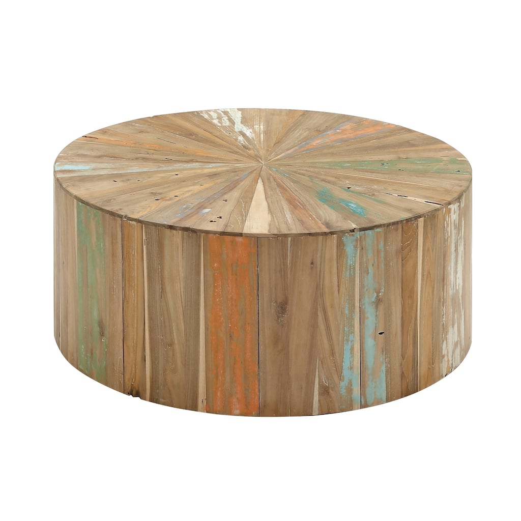 Reclaimed Wood Geometric Handmade Pinwheel Drum Coffee Table with Colorful Painted Accents - Brown - Roche River Decor