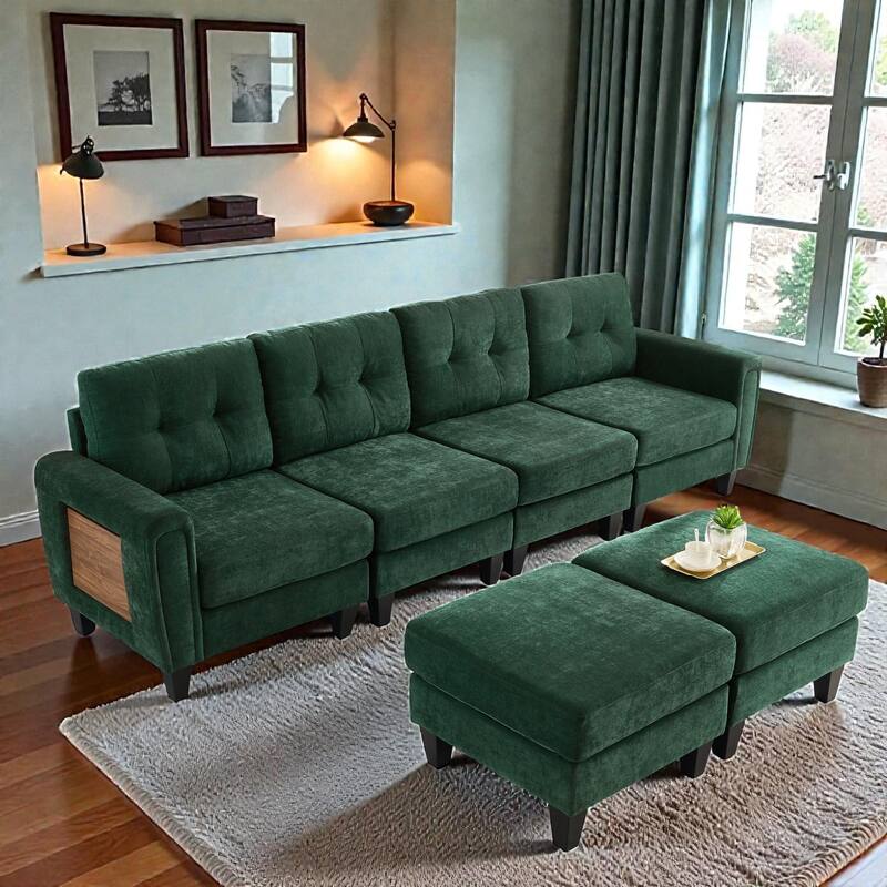 Modern 115" U-Shaped Modular Sectional Sofa with 2 Ottomans, USB Charging Ports, Foldable Side Tables, Chenille Upholstery