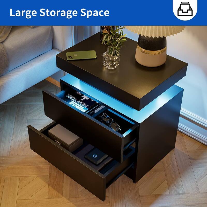 LED Nightstand with 2 Drawers for Bedroom