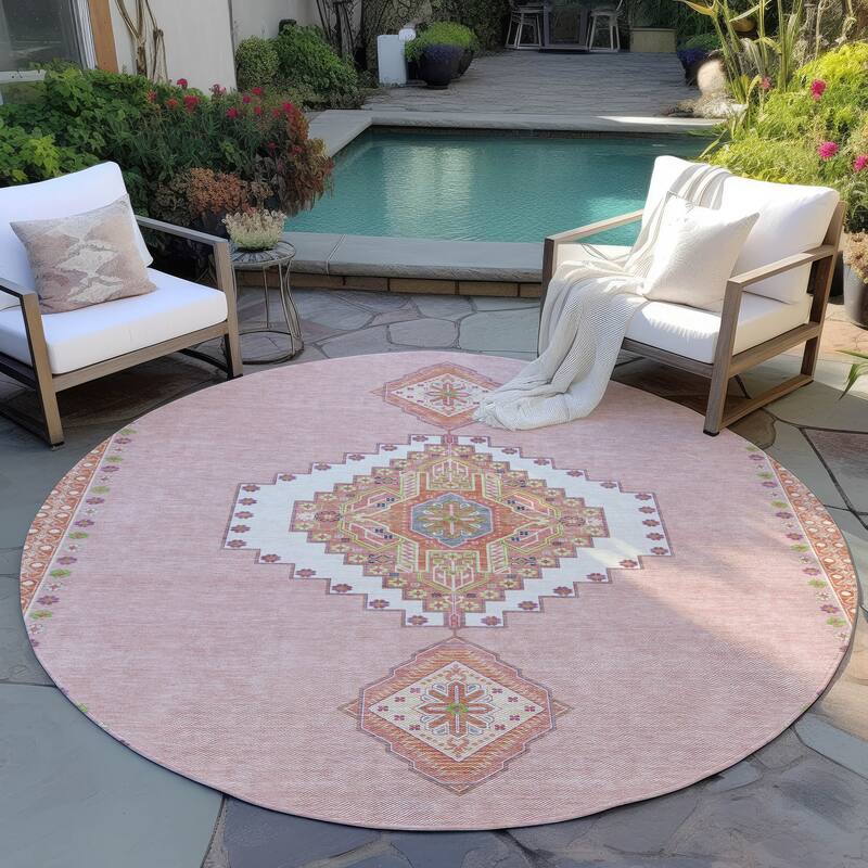 Machine Washable Indoor/ Outdoor Boho Traditional Chantille Rug - Pink - 8' x 8'