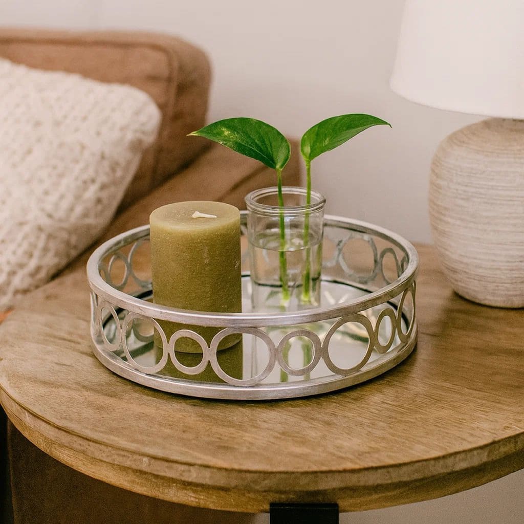 Round Metal Tray Set of 2 with Geometric Mirror Panel Inserts, Silver