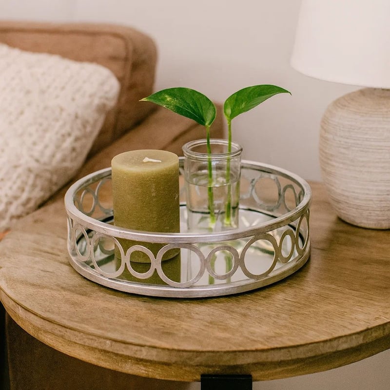 Round Metal Tray Set of 2 with Geometric Mirror Panel Inserts, Silver