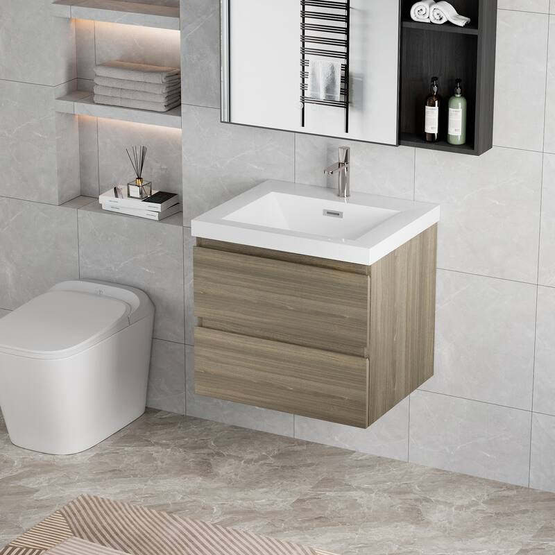 35.5-Inch Floating Bathroom Vanity with Glossy Resin Sink, Ash Grey Color, Wall-Mounted Design, 2 Drawers