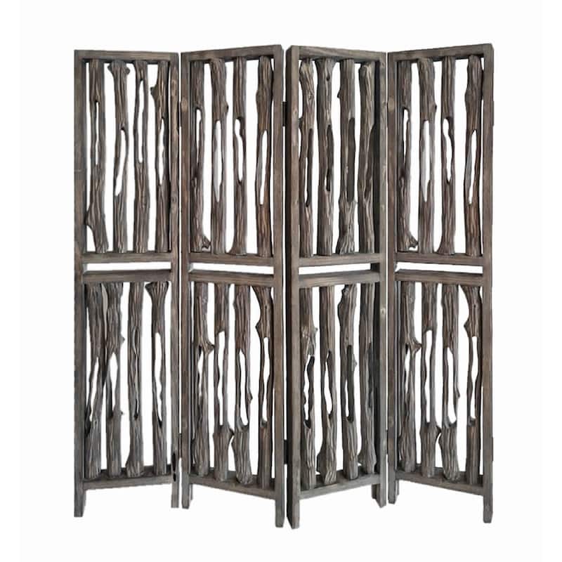 Contemporary 4 Panel Wooden Screen with Log Design, Brown