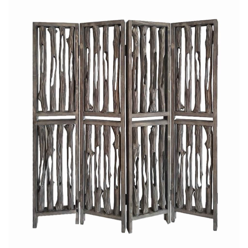 Contemporary 4 Panel Wooden Screen with Log Design, Brown