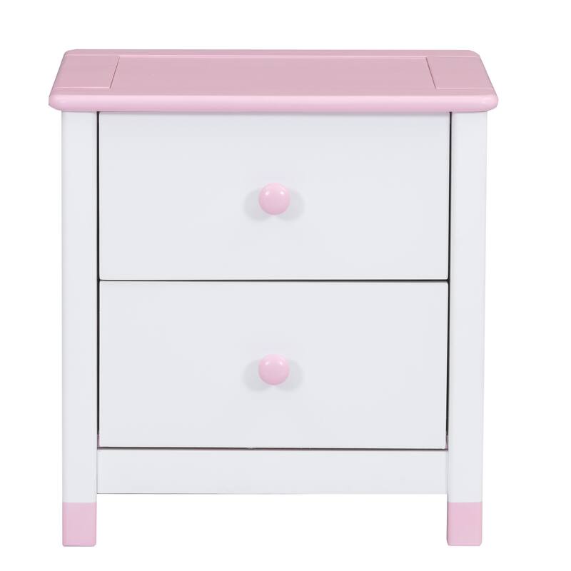 Wooden Nightstand with Two Drawers for Kids,End Table for Bedroom,Cream+Walnut - White+Pink