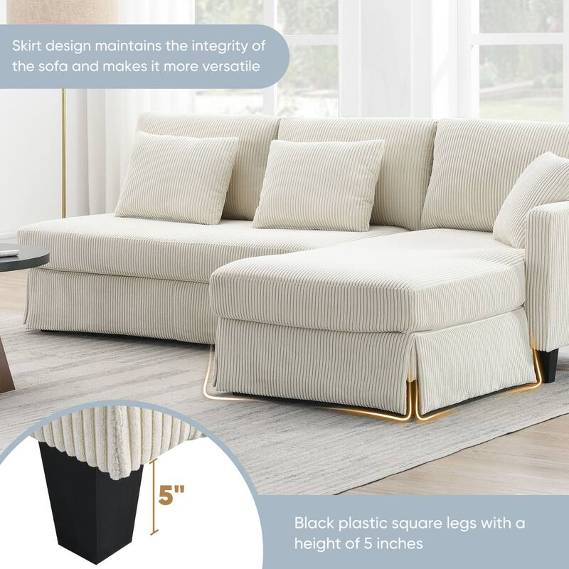Oaks Aura Modern L-shaped Corduroy Sofa with Reversible Chaise, Upholstered Sectional Convertible Sleeper Couch with Pillows