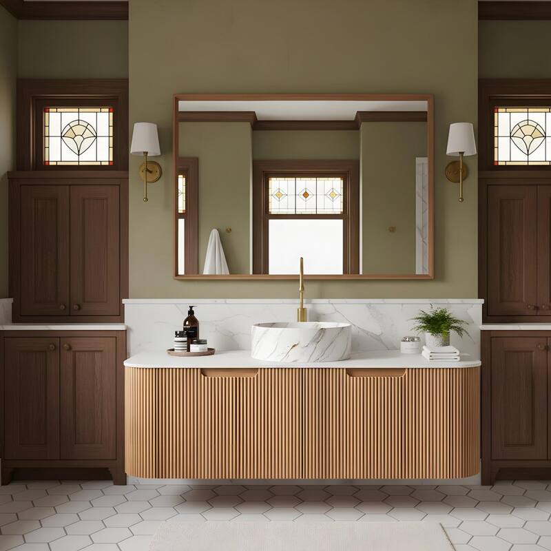 Floating Bathroom with Round Ceramic Basin and Storage Drawer