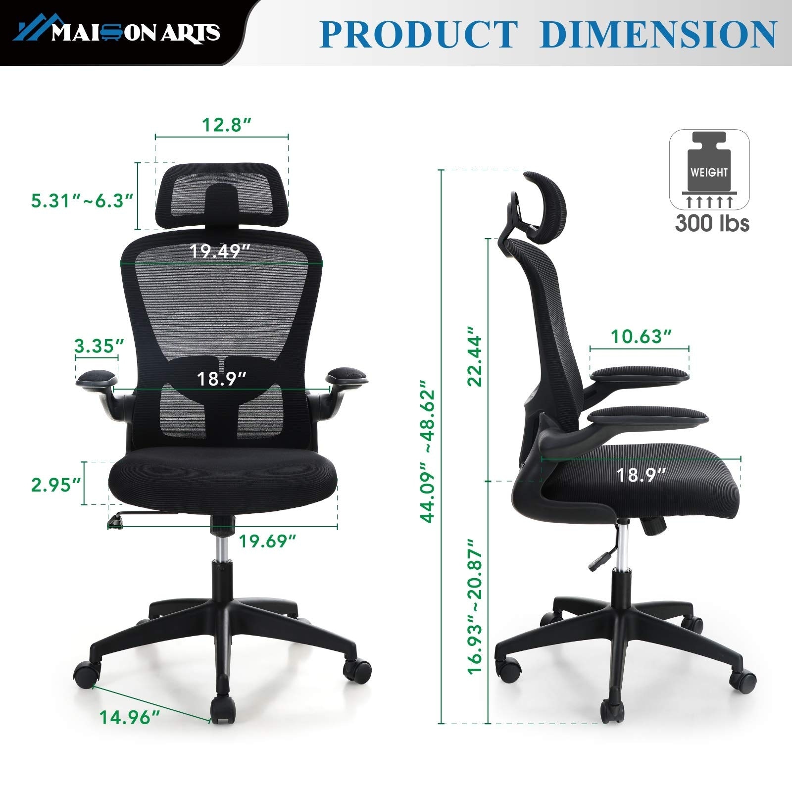MAISON ARTS Ergonomic Mesh Office Chair, High Back Comfortable Task Chair,  Modern Desk Chair with Adjustable Lumbar Support and Headrest - Extra