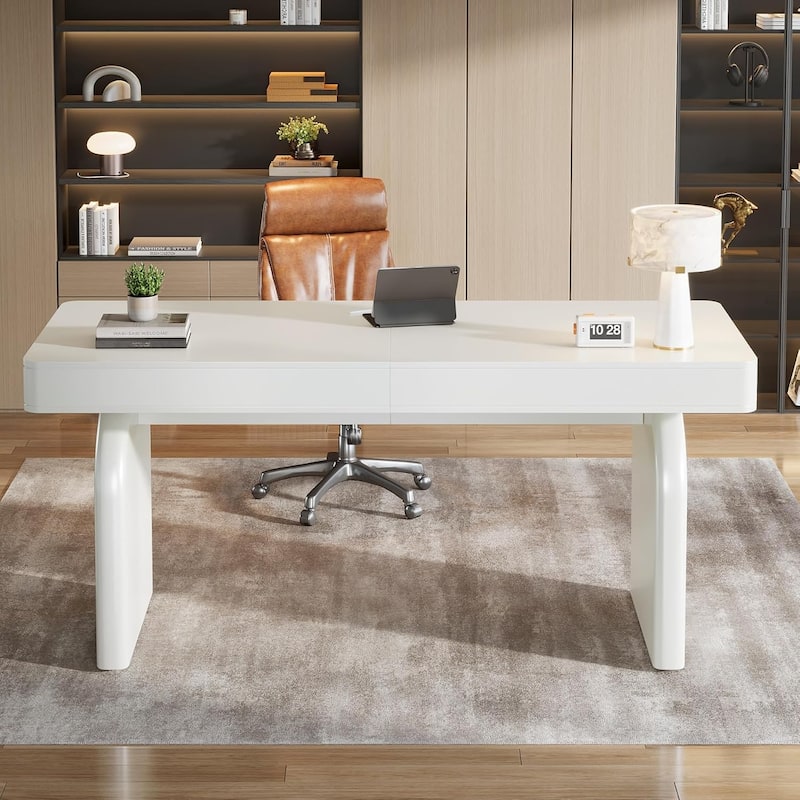 63-Inch White Desk with Drawers, Modern Elegant Glossy Executive Office Desk