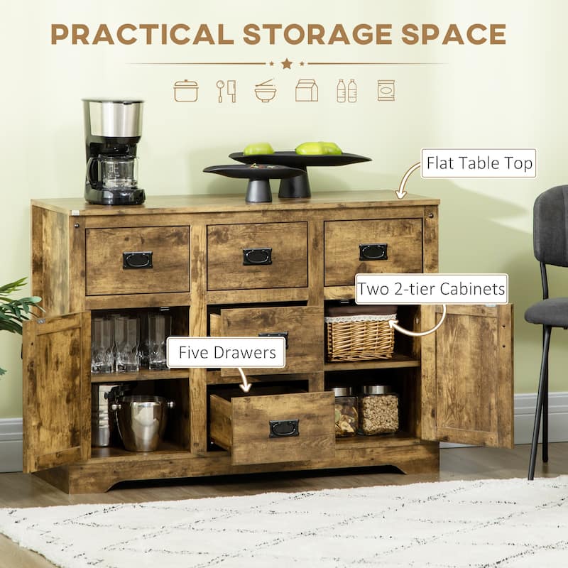 HOMCOM Industrial Kitchen Sideboard, Buffet Cabinet with Five Drawers, Two Door Cabinets, Adjustable Shelf
