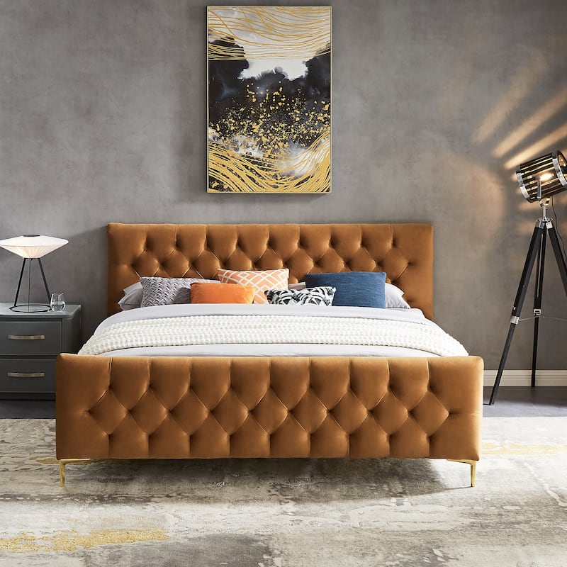 Bianca Mid Century Velvet King Platform Bed in Tan