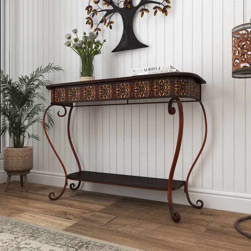 Brown Metal Embossed 1 Shelf Floral Console Table with Ornate Scroll Legs
