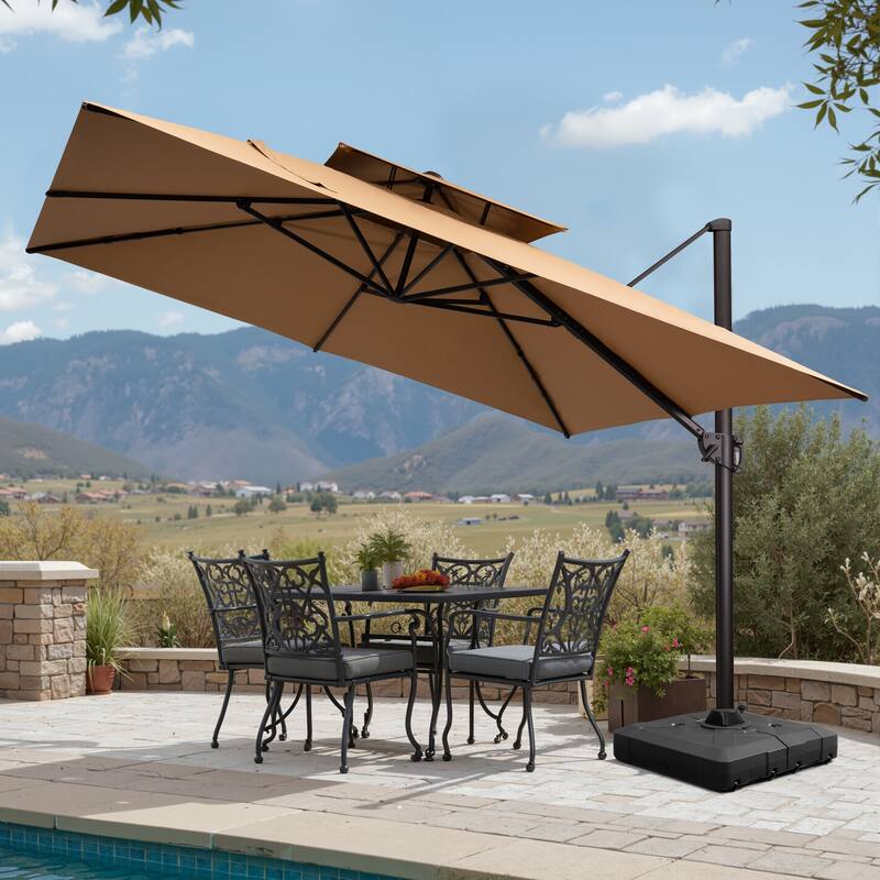 Pellebant 11X11FT Outdoor Patio Cantilever Offset 360 Degree Rotation Umbrella with Base Stand - Tan