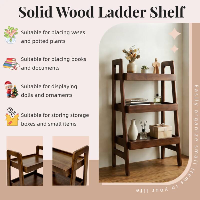 Anmytek Solid Wood 3 Tier Ladder Shelf Walnut Freestanding Open Storage Bookshelf and Display Rack for Home Office Space Saving
