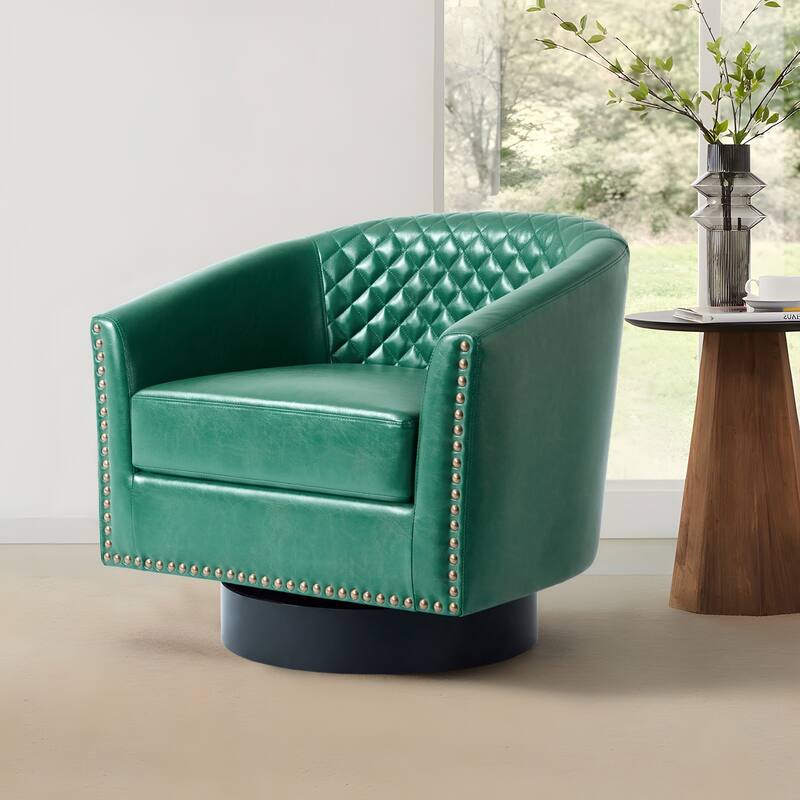 Modern Armchair Faux Leather Nailhead Trim Swivel Accent Chair