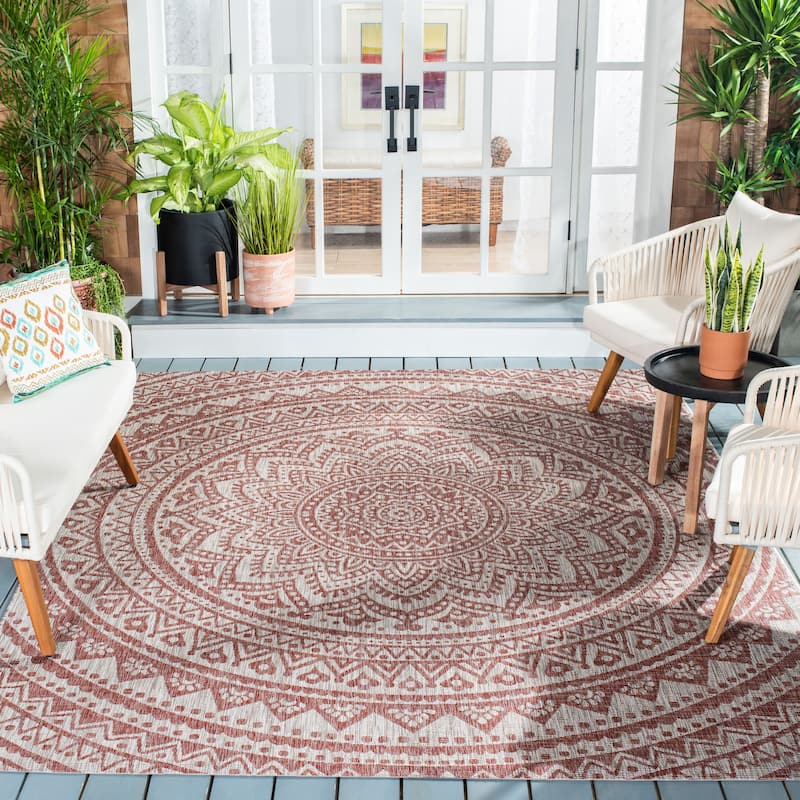 SAFAVIEH Courtyard Fran Mandala Indoor/ Outdoor Waterproof Patio Backyard Rug - 5'3" x 7'7" - Light Beige/Terracotta