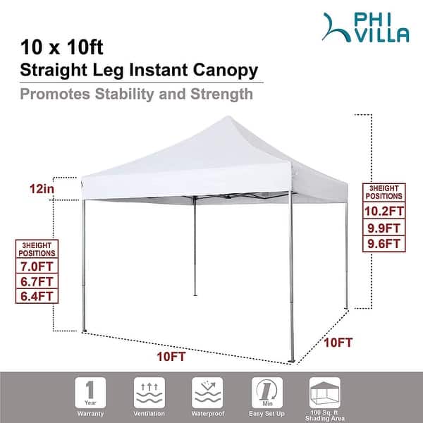 dimension image slide 3 of 6, 10' x 10' Pop Up Outdoor Canopy Tent Commercial Instant Reinforce Canopies with Wheel Carry Bag & Storage Pocket - 10x10'