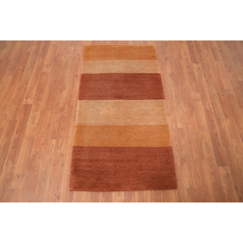 Hand Knotted Oriental 100% Wool Carpet Modern Stripe Oranges & Rust Gabbeh Area Rug - 4' 5'' X 2' 4''