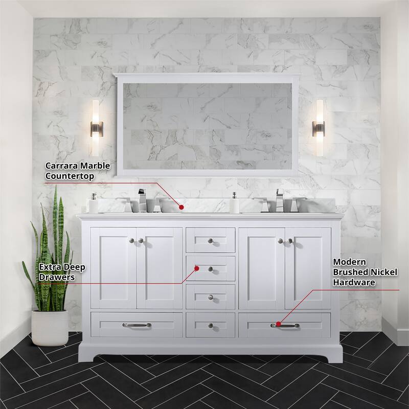 Dukes 60 in. W x 22 in. D Navy Blue Double Bath Vanity, Carrara Marble Top, Faucet Set, and 58 in. Mirror