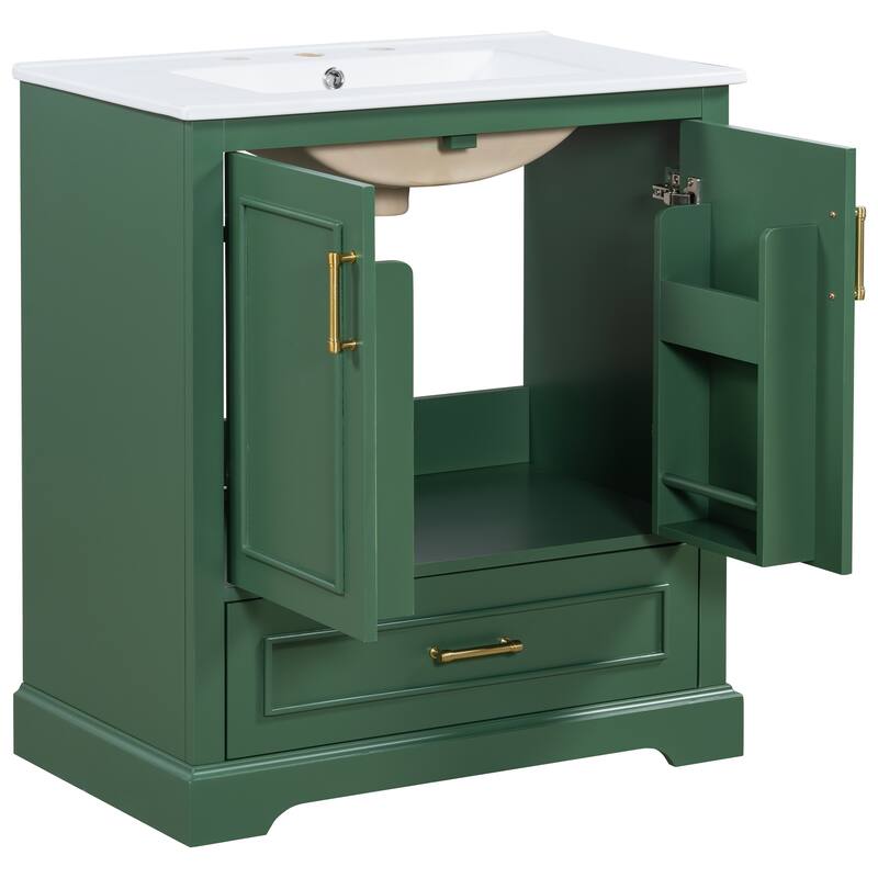 Bathroom Vanity with Ceramic Sink, Freestanding Storage Cabinet with Double Shelf, 1 Divider Drawer & 2 Soft-close Doors