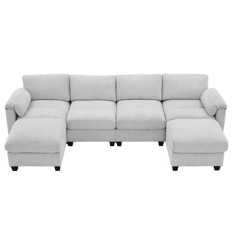 Corduroy Sectional Sofas with 2 Removable Ottomans, U-shaped Symmetrical 6-Seat Modular Couch - Mist Grey - Symmetrical