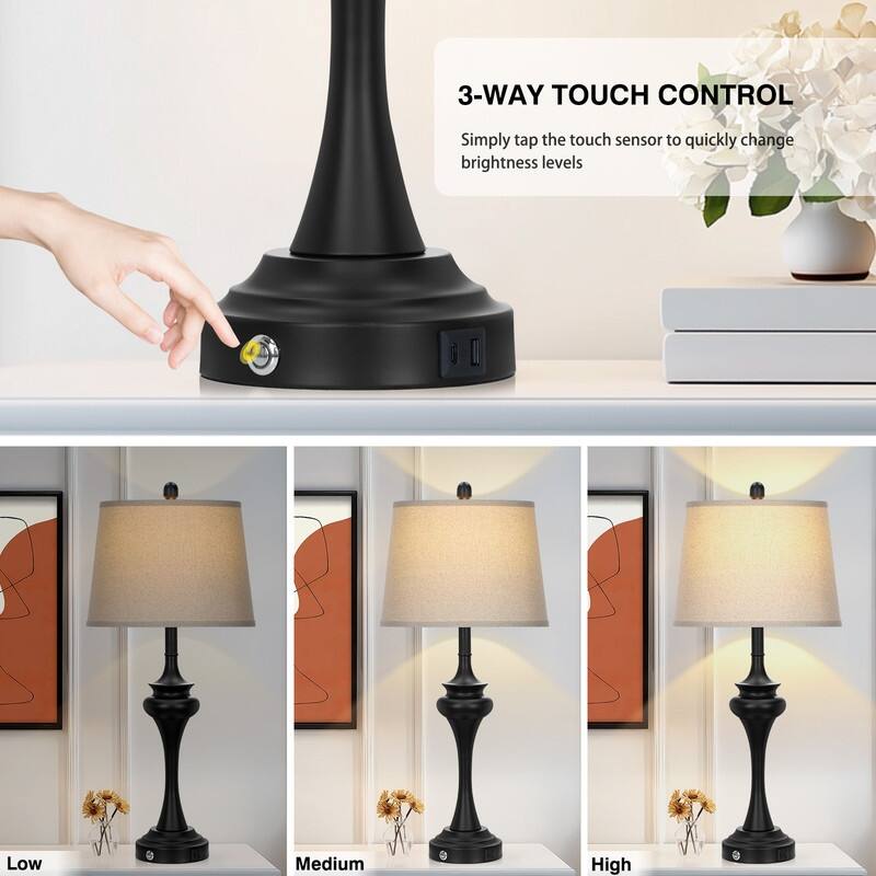 30'' Modern Table Lamps with USB & Type-C Ports, Oatmeal Fabric Shade & Metal Base (Set of 2)