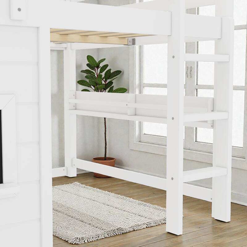Twin/Full Loft Bed with Sliding Chalkboard, Built-in Bookshelf, Solid Wood Frame & Safety Guardrails, Kids Playhouse Bed