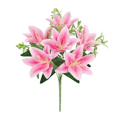 Set of 4 Pink Artificial Stargazer Lily Flower Stem Bush Bouquet 13in - 13" L x 8" W x 8" DP