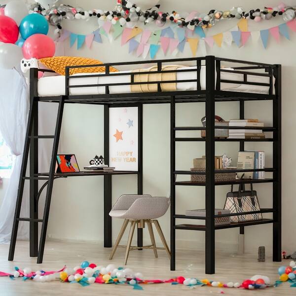 slide 2 of 20, Twin Size Loft Metal Bed with 3 Layers of Shelves and Desk, Stylish Metal Frame Bed with Whiteboard,Easy Assembly,Black Black