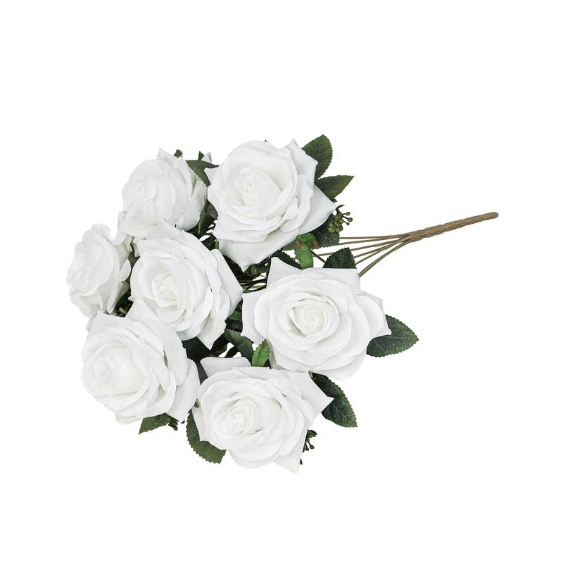 Set of 2 White Artificial Queen Tea Rose Flower Stem Bush Bouquet 17in - 17" L x 9" W x 9" DP