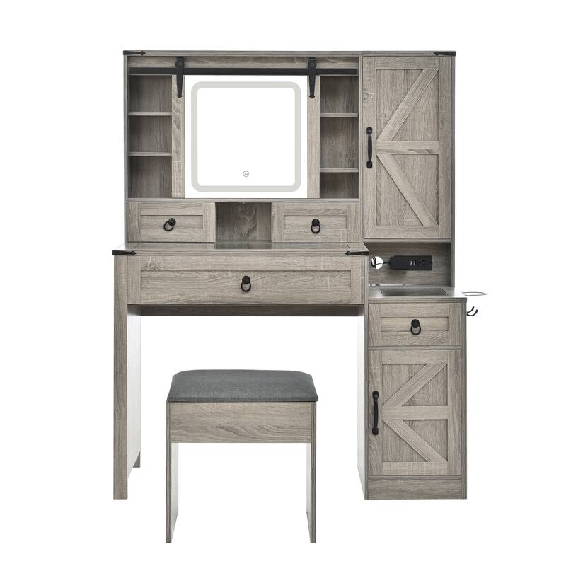 Farmhouse Vanity Desk with Sliding Mirror, Lights & Glass Top, 4 Drawers & 2 Cabinets with Stool