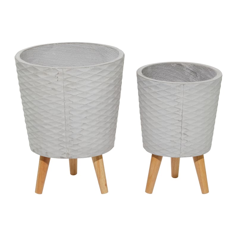 White or Grey Fiber Clay Wood Boho Eclectic Planter (Set of 2) - S/2 14", 16"H