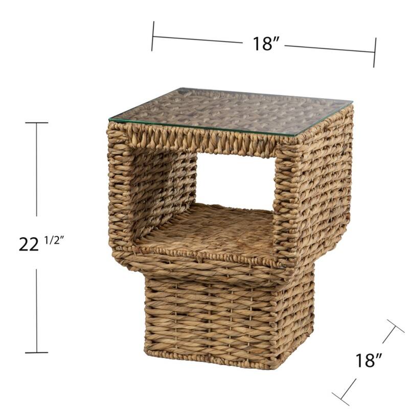 23" Square Natural Brown Rattan Wicker End Side Table with Clear Glass Top for Living Room or Bedroom - 22.5" H x 18" W x 18" L