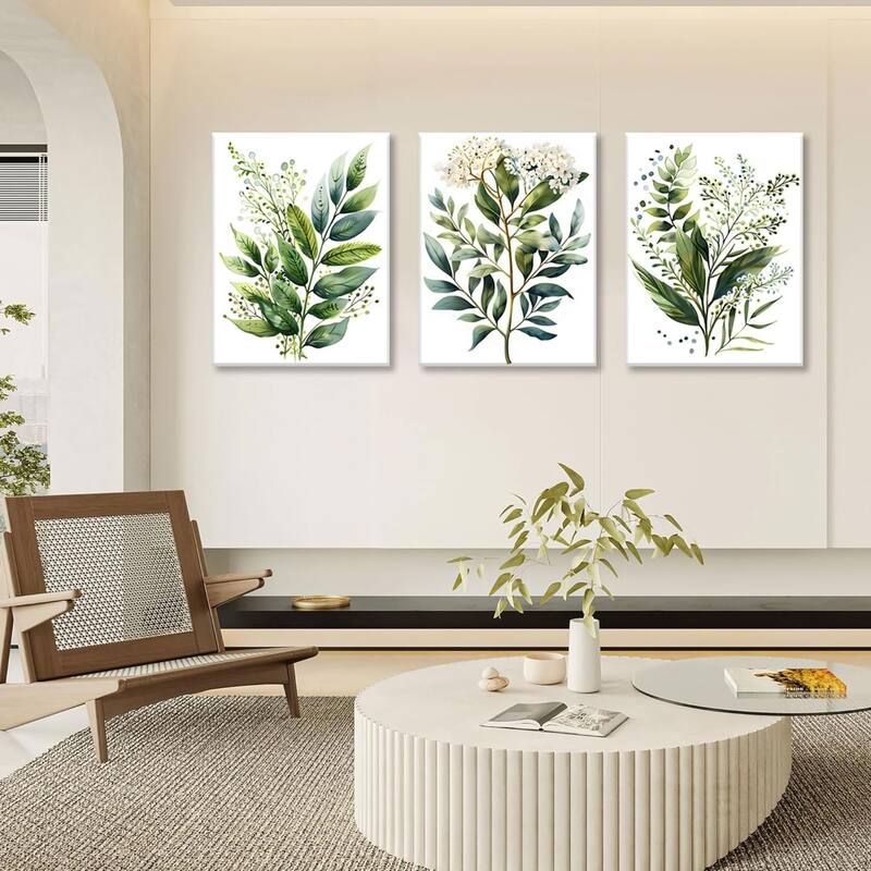 Set of 3 Framed Sage Green Painting Eucalyptus Leaf Picture